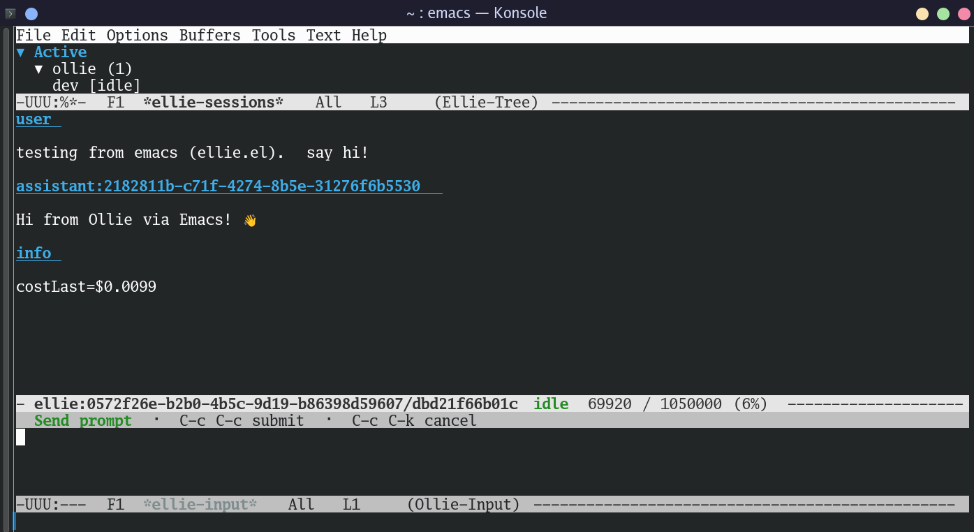 ellie Emacs interface showing the Ollie session tree and chat window
