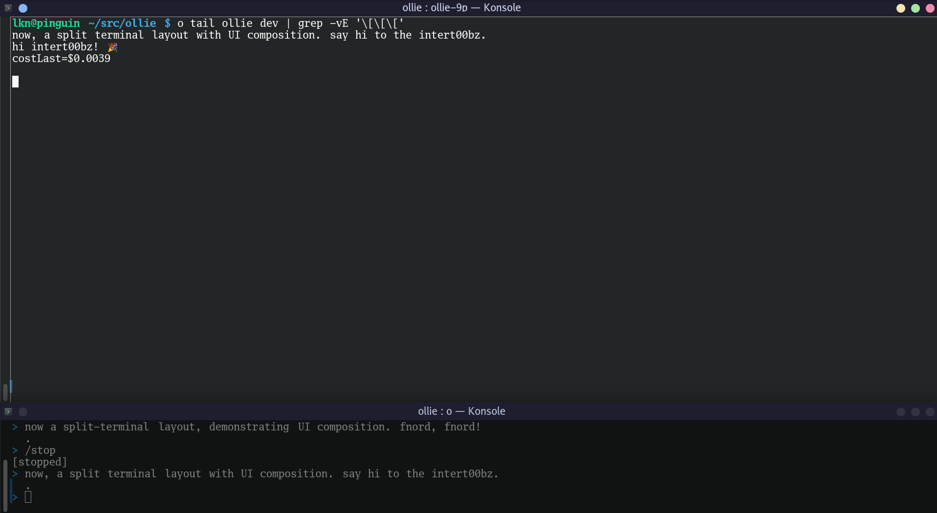 Screenshot of o tui: two tmux panes showing chat output and prompt input, with agent state in the status bar