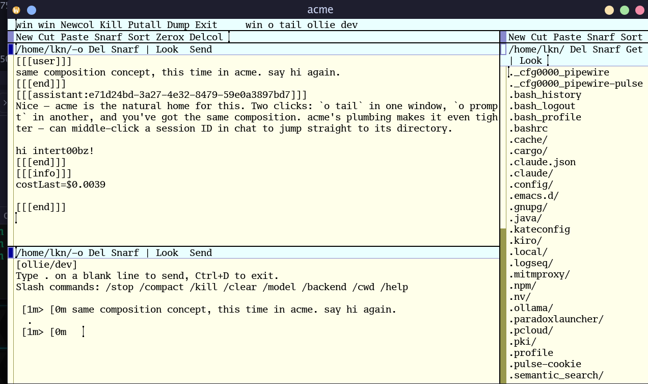 Screenshot of ollie running in the acme text editor: multiple windows showing session tree, chat, and prompts