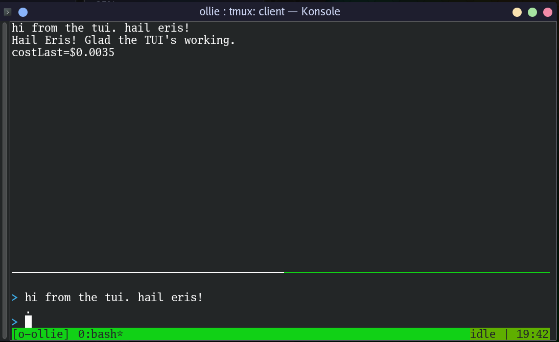 Screenshot of the o tui tmux layout: chat pane on top, prompt REPL on bottom, agent state in status bar